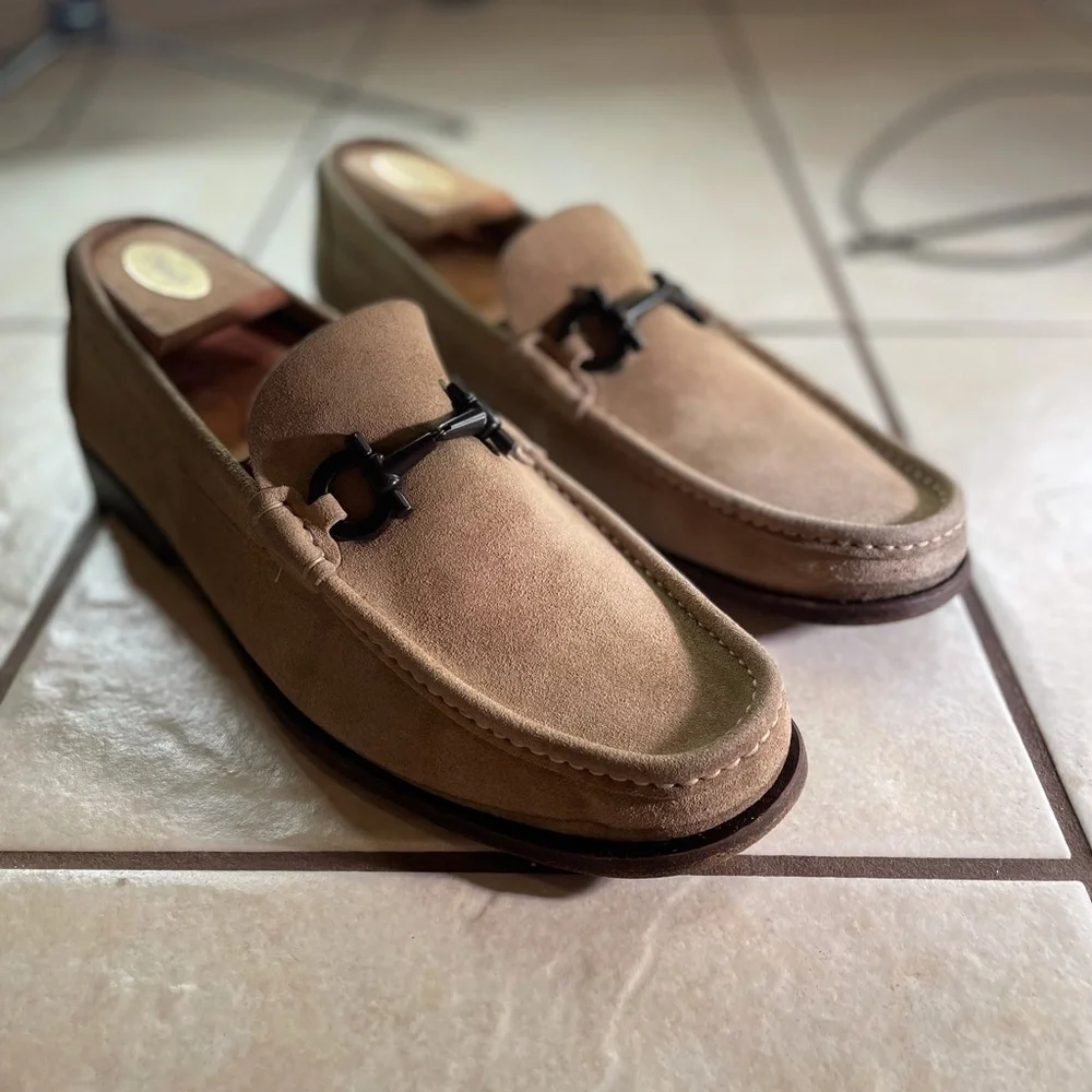 Salvatore Ferragamo Beige Suede Bit Loafers